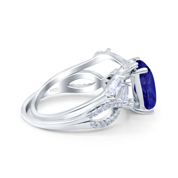 Two Piece Art Deco Emerald Cut Wedding Bridal Ring Simulated Blue Sapphire CZ 925 Sterling Silver